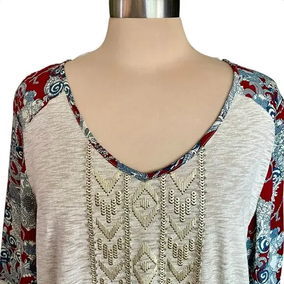 Miss Me Multimedia Top LARGE 3/4 Sleeves V-Neck Western Aztec Boho Casual Work - Picture 3 of 9